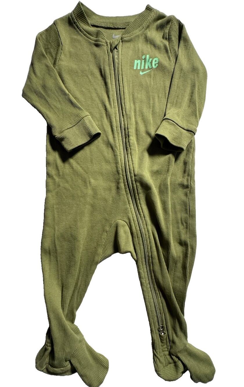 Nike Baby 9M Green Ribbed Footed Sleeper One Piece Zip Swoosh Logo